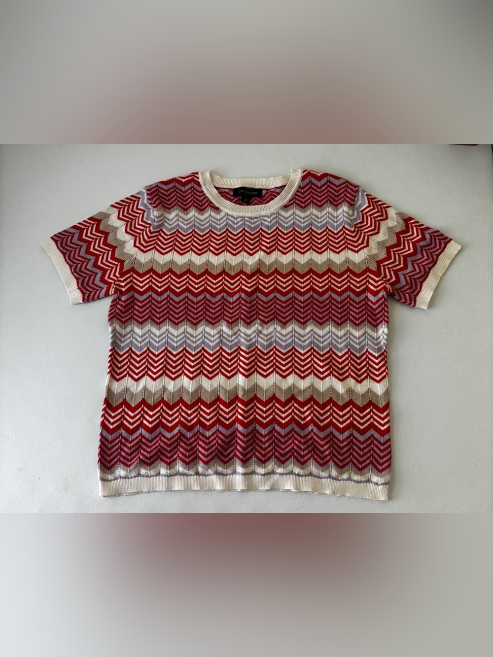 Calligraphie Chevron Stripe Short-Sleeve Knit Top Coral & Ivory Size - Picture 2 of 5